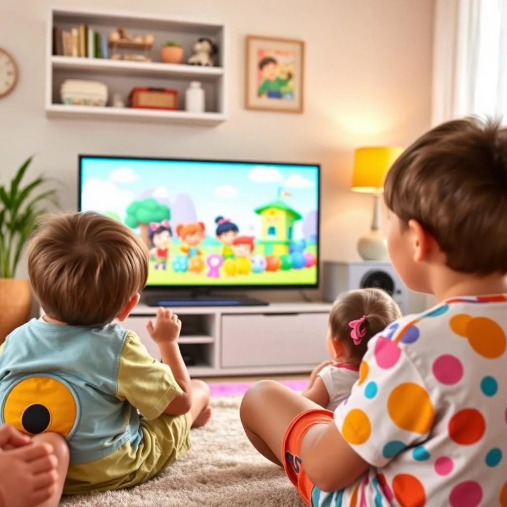 Crianças assistindo desenhos animados na TV com o Fun Play